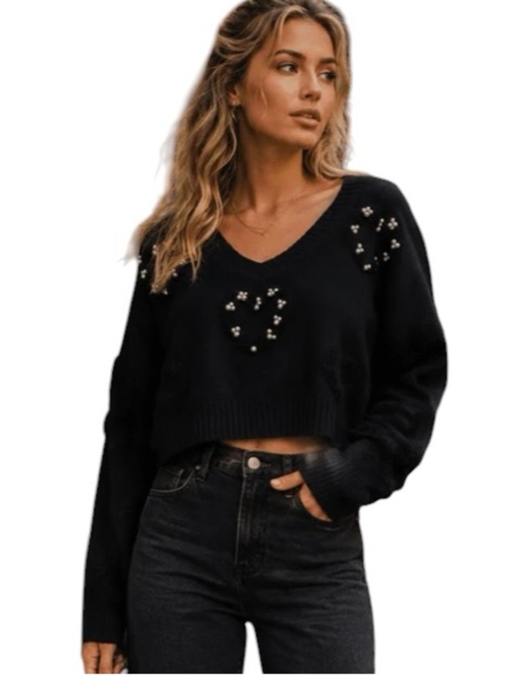 0190:  LOVE TREE NWT PEARL HEARTS EMBELLISHED SWEATER BLACK